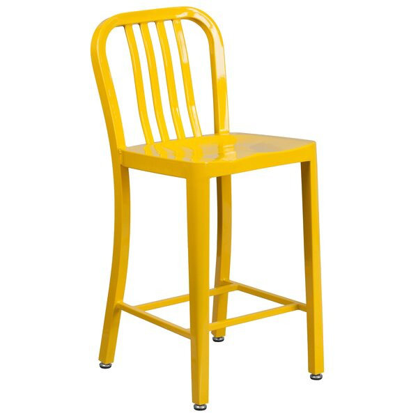 Commercial Grade Metal Indoor-Outdoor Stool with Vertical Slat Back, Yellow, Counter Stool (61cm Seat Height)