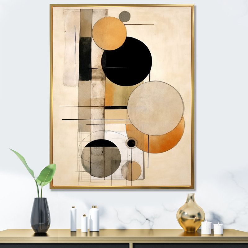 «Cubism Beige and Pink Synergy», reproduction d'art abstrait_105657, Cadre flottant doré, H 32 po x l 16 po x P 1 po
