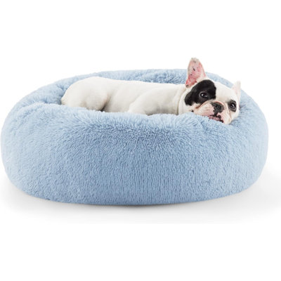 Lit pour chien apaisant pour petits chiens - Petit lit pour animal de compagnie lavable Donut, grand lit rond en fausse fourrure moelleuse antidérapante, convient à des animaux de compagnie jusqu'à 25 lb, bleu clair, 23 pouces