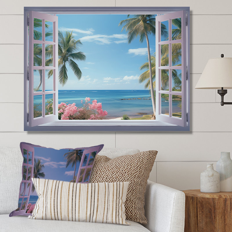 Vue sur l'océan tropical à travers une fenêtre blanche ouverte - art mural sur toile côtière, H 30 po x l 40 po x P 1,5 po