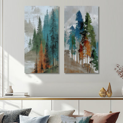 Hiver, pin, forêt, à Goat Rock Beach - ensemble de 2 reproductions d'art en métal vert Californie