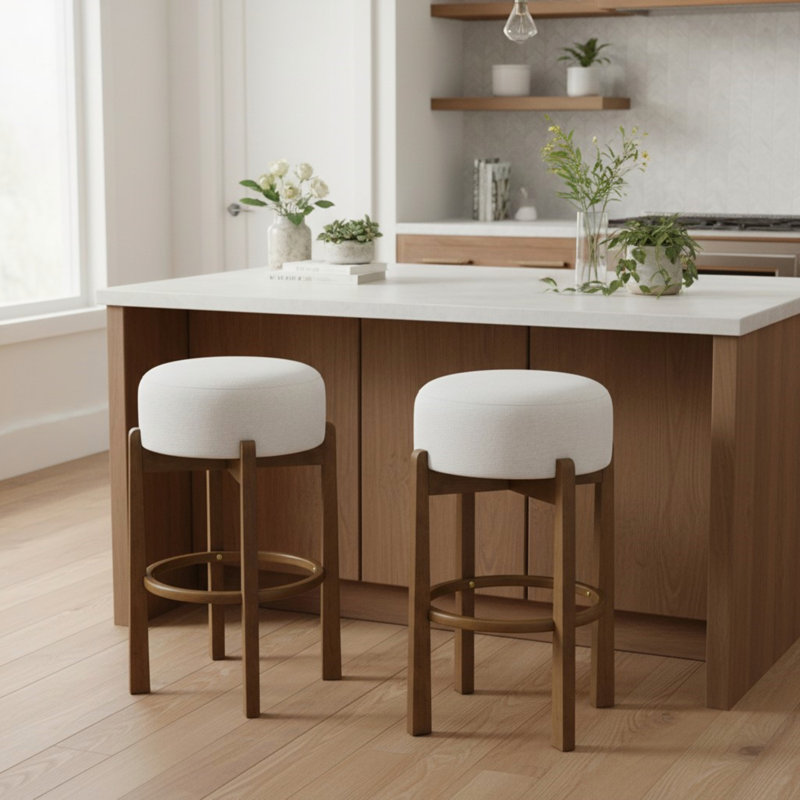 Ensemble de 2 tabourets de bar rembourrés en bois d'intérieur, Noyer foncé, 2