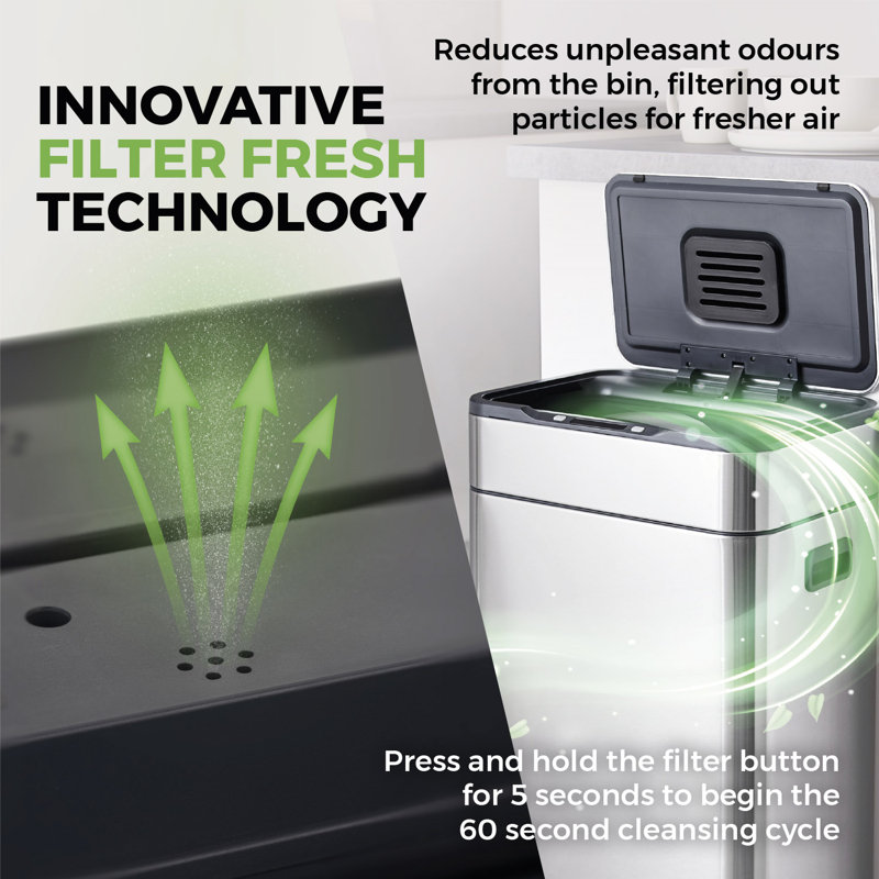 Tower Ozone Sensor Bin, Large 60L, Hands Free Opening, Carbon Filter, Stainless Steel