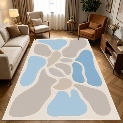 1PC abstract organic irregular soft-toned blue and taupe minimalist pattern area rugs for Living Room, Soft and Comfortable, Suitable for all seasons, easy-to-maintain, machine washable Indoor floor mat, Under Table Farmhouse suitable for dining...