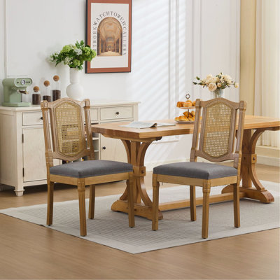 Chaise en bois massif à dossier en rotin, coussin en lin mat avec mousse à haute résilience et ressorts en S, parfaite pour la salle à manger de style rustique / naturel, café avec design classique et durable, ensemble de 2