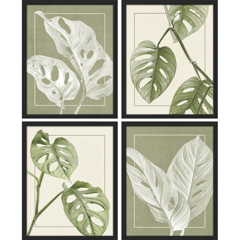 " Tropical Monstera Sage Green Leaf " 4 - Pieces, Black Framed, 14" H x 11" W x 1" D