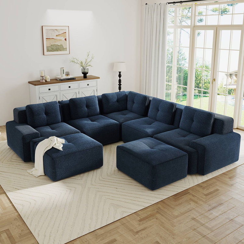 Canapé modulaire surdimensionné en velours côtelé de 116 po avec coin et repose-pieds, Velours côtelé bleu