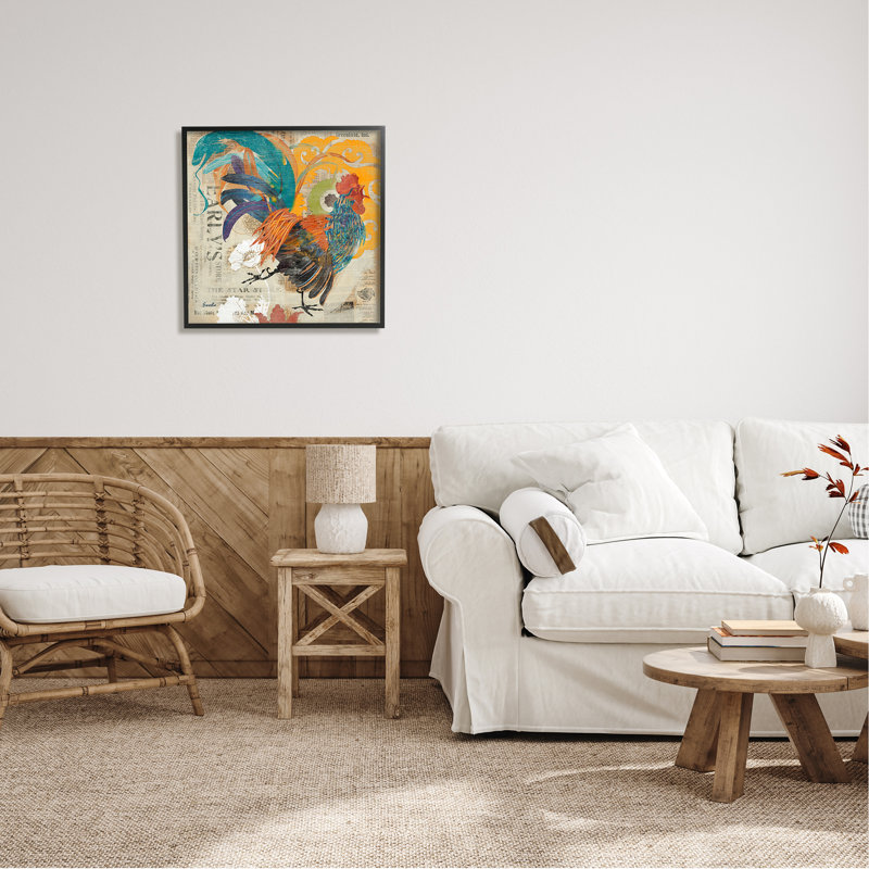 Country Rooster, collage rétro - impression, Giclée encadrée noir minuit, H 24 po x l 24 po x P 1,5 po