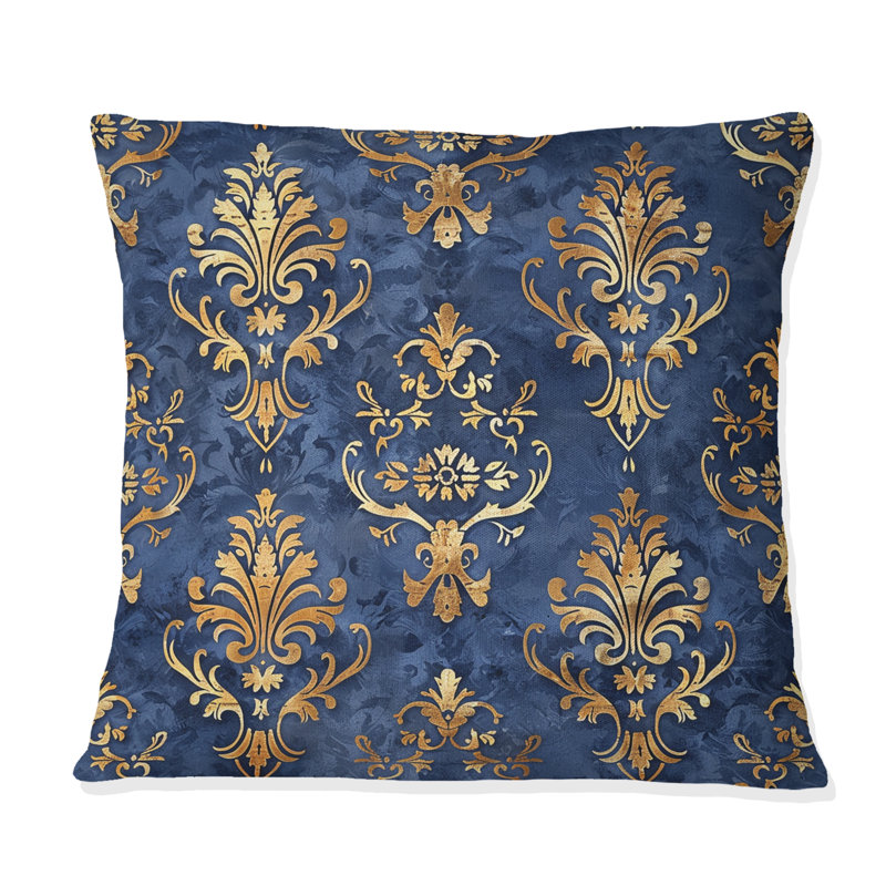 Royal Gold Blue Traditional Damask II - Coussin décoratif traditionnel, H 18 po x l 18 po