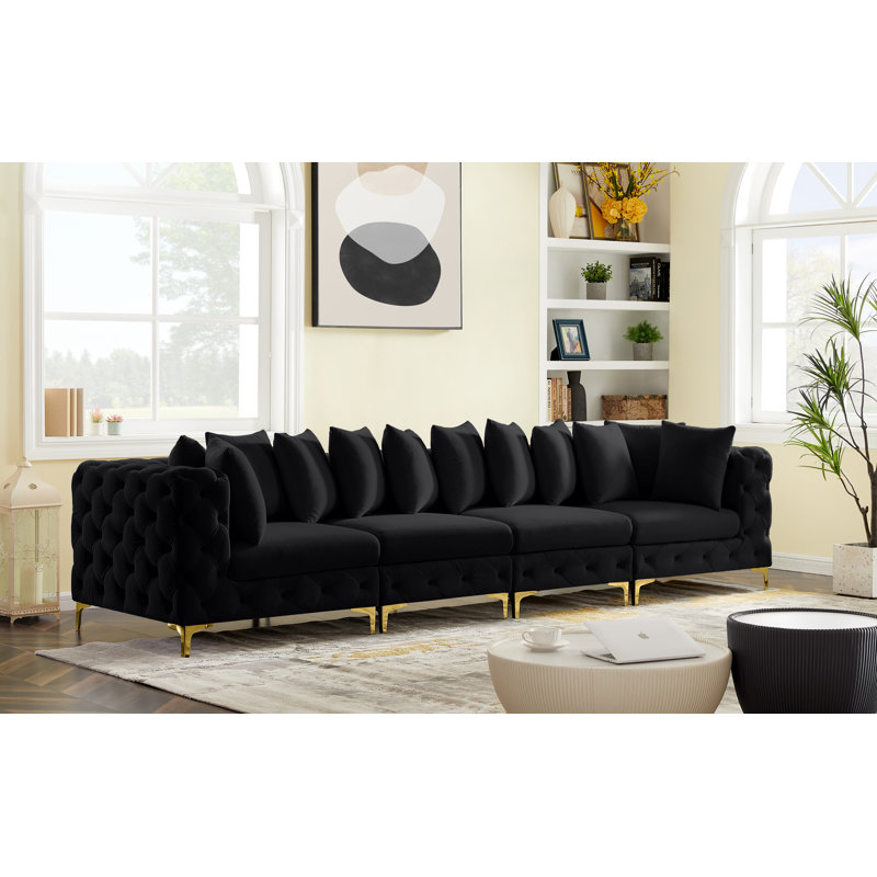 Tremblay 138" Velvet Square Arm Modular Sofa, Black Velvet