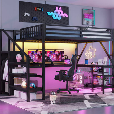 Kise Full Loft Bed With Wardrobe And LED Light, Full Size Loft Bed With L Shaped Desk And USB For Kids Teens Adults, White(Expect Arrival Date 2026/3/2)