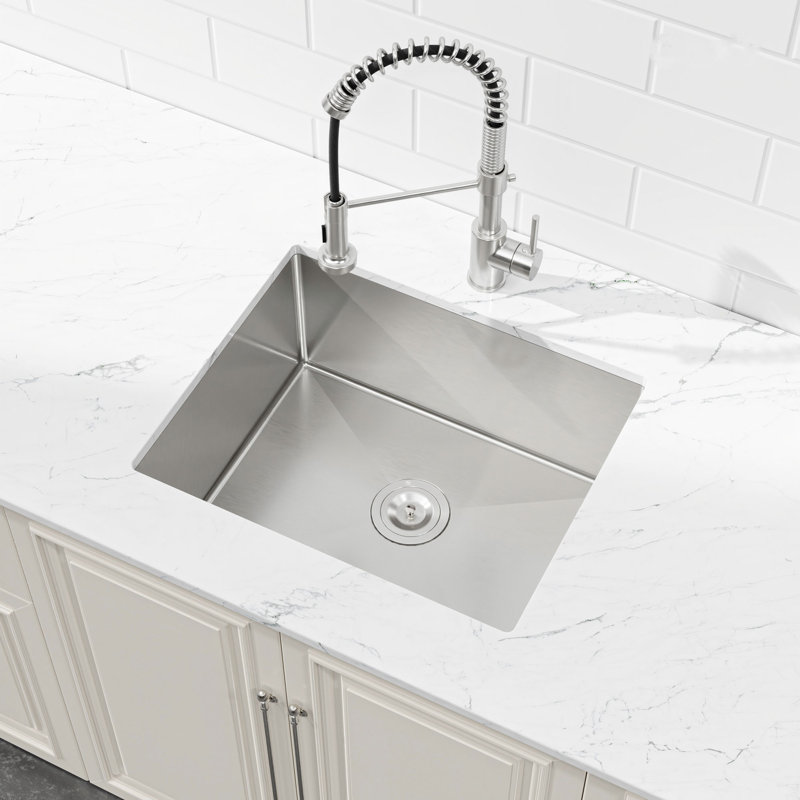 Évier de cuisine en acier inoxydable à simple cuve moderne avec drain, crépine, Brushed Nickel, 23" x 19" x 10"