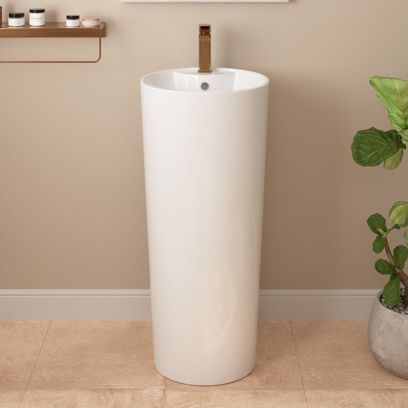 33" Tall Round Pedestal Bathroom Sink With Overflow and Pre-Drilled Hole, White