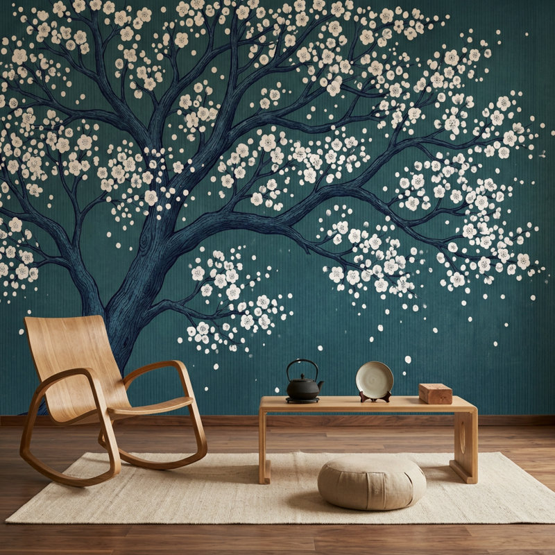 Décoration murale cerisier en fleurs sur fond sarcelle foncé d'inspiration japonaise, Texturé non collé, 140 po x 108 po