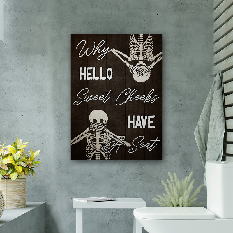 Toile tendue «Skeletons Say Hello Sweet Cheek» - décor de salle de bain et de lessive, chocolat et blanc