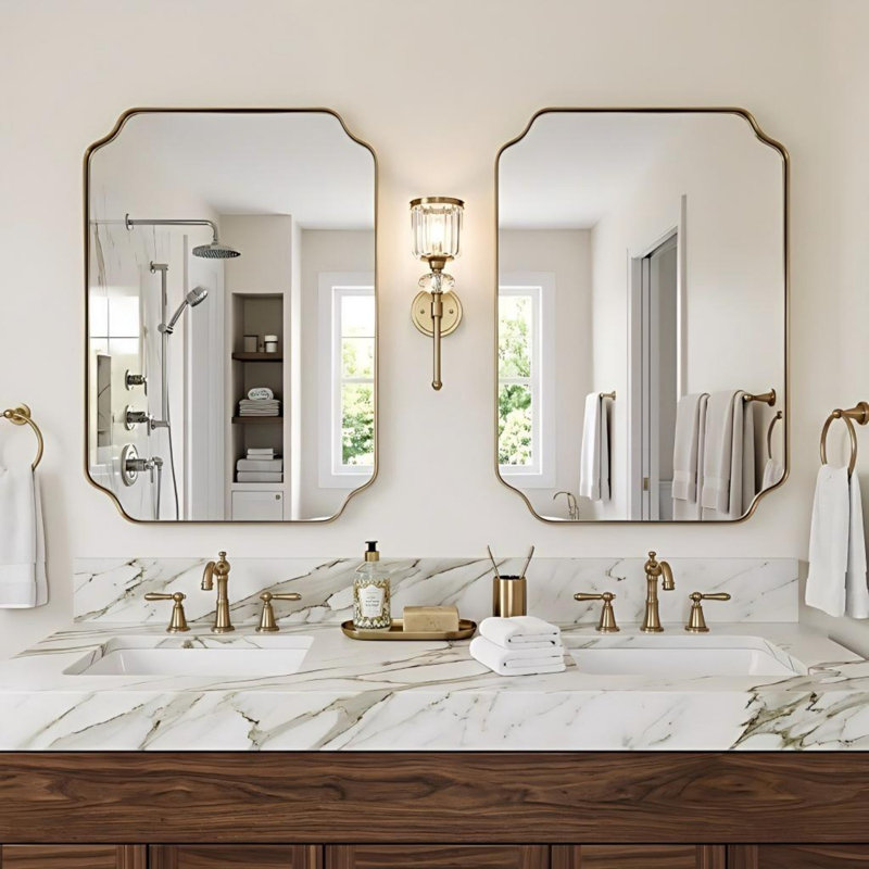 Rectangular Bathroom Vanity Mirror with Scalloped Corners – Stainless Steel Frame, 30" x 40", Brushed Gold