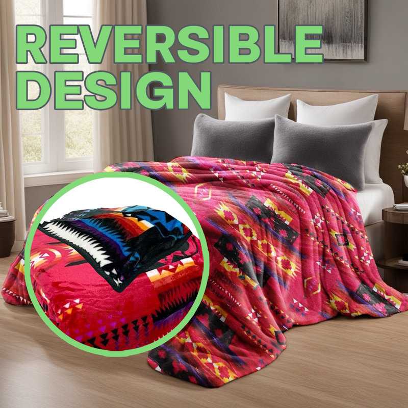 Queen Size Reversible Pink Geometric Fleece Sherpa Throw Blanket