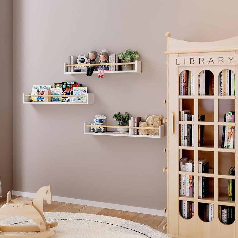 Étagère à livres pour chambre de bébé - Ensemble de 3 tablettes murales flottantes en bois massif pour livres de bébé, jouets et décorations (blanc et bois naturel)