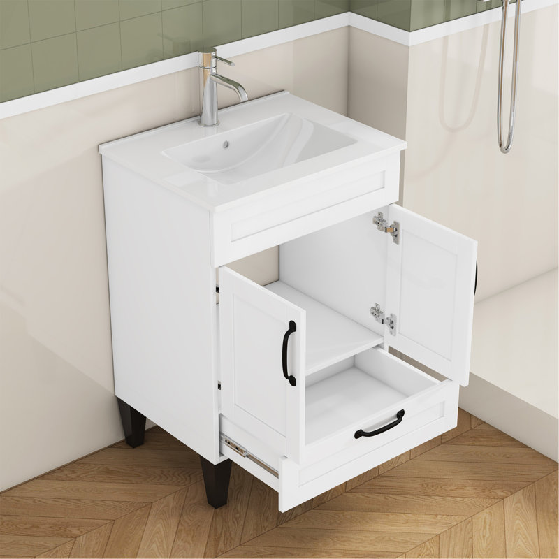 Meuble-lavabo de 24 po avec lavabo, armoire avec 2 portes et 1 grand tiroir, poignée en métal noir, pieds noirs, charnière à fermeture en douceur, armoire de salle de bain Mordern, assemblage facile, blanc