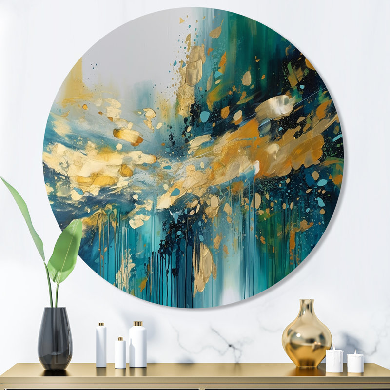 Golden Explosion Triangles IV - Abstract Geometric Round Wall Art on Metal, 36" H x 36" W x 1" D