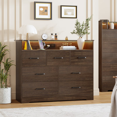 7 Drawer Dresser for Bedroom - 37” Tall Chest of Drawers with LED Light and Charging Station, Modern Organizer Cabinet with Open Shelf Table for Living Room, Entryway, Hallway,Retro