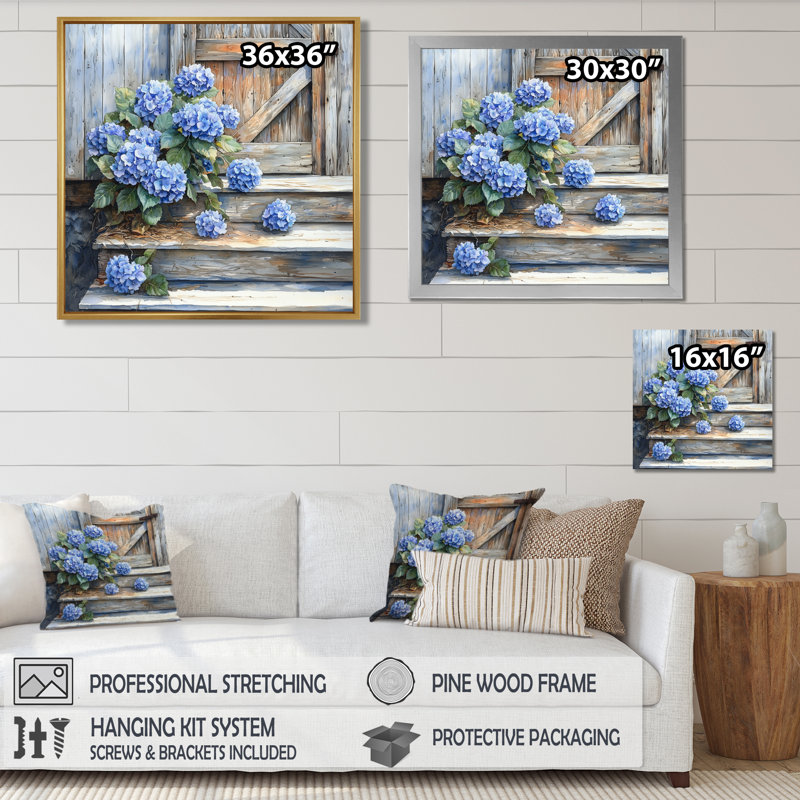 Domonque Hydrangeas On The Barn Steps II - Hydrangea Wall Art, 36" H x 36" W, Single Picture Framed Print, Silver