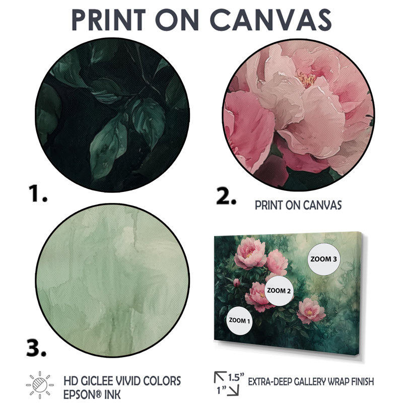 Été rose aquarelle pivoines Bloom II - pivoines, art mural, H 12 po x l 20 po, Cadre simple noir