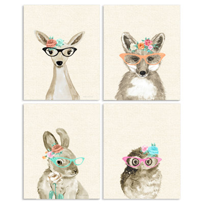 Ensemble de 4 reproductions d’impressions sur bois critterss avec verres à verres à chat