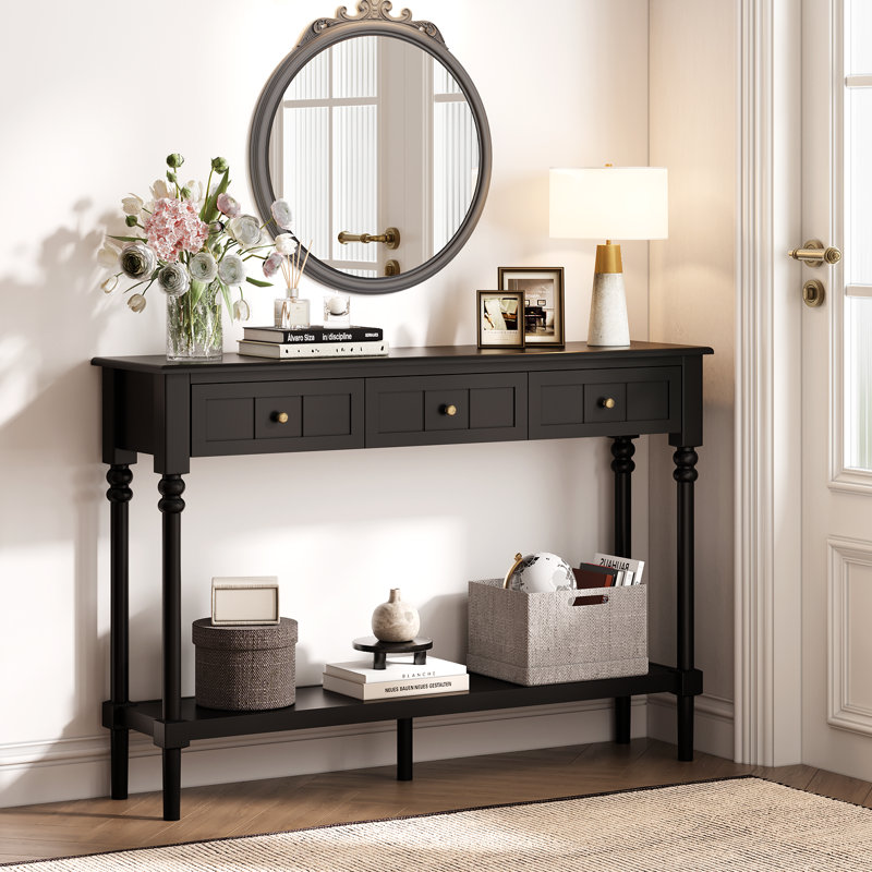 43" Wide French Country Console Table with 3 Drawers & Solid Wood Legs, Black