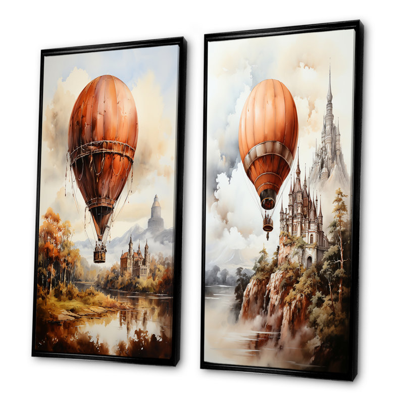 Vol en montgolfière Castle - montgolfière, ensemble de 2 décorations murales, Cadre noir, H 40 po x l 41 po