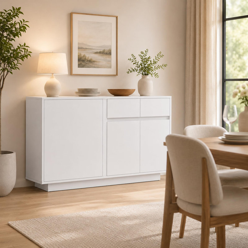 Buffet de 55 po en noyer, buffet moderne avec 3 portes et 2 tiroirs, console de bar avec rangement pour la cuisine et le vestibule, blanc