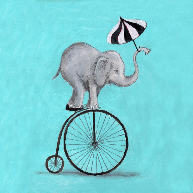 Éléphant avec parapluie - peinture sur toile tendue, H 12 po x l 12 po, Cadre simple noir, Non