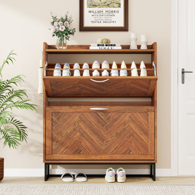 Shoe Cabinet Storage For Entryway, Narrow Wood Shoe Organizer With 2 Flip Drawers & Adjustable Shelves,Freestanding Hidden Shoe Storage Organizer With Hooks For Entryway, Foyer, Hallway, Walnut