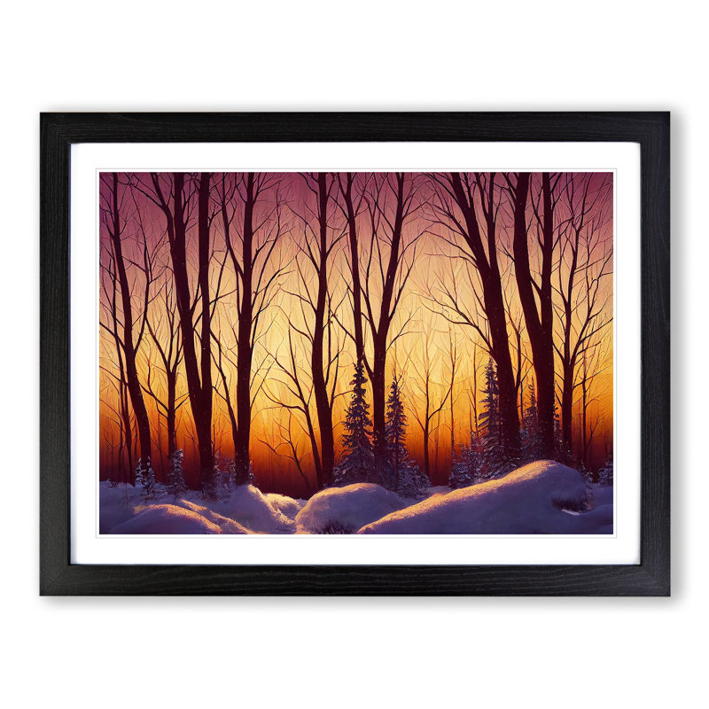 XH1022-10218X Winter Forest Sunset Art 1 Piece Single Picture Frame Wall Art, 25cm H x 34cm W x 2cm D, Black Framed
