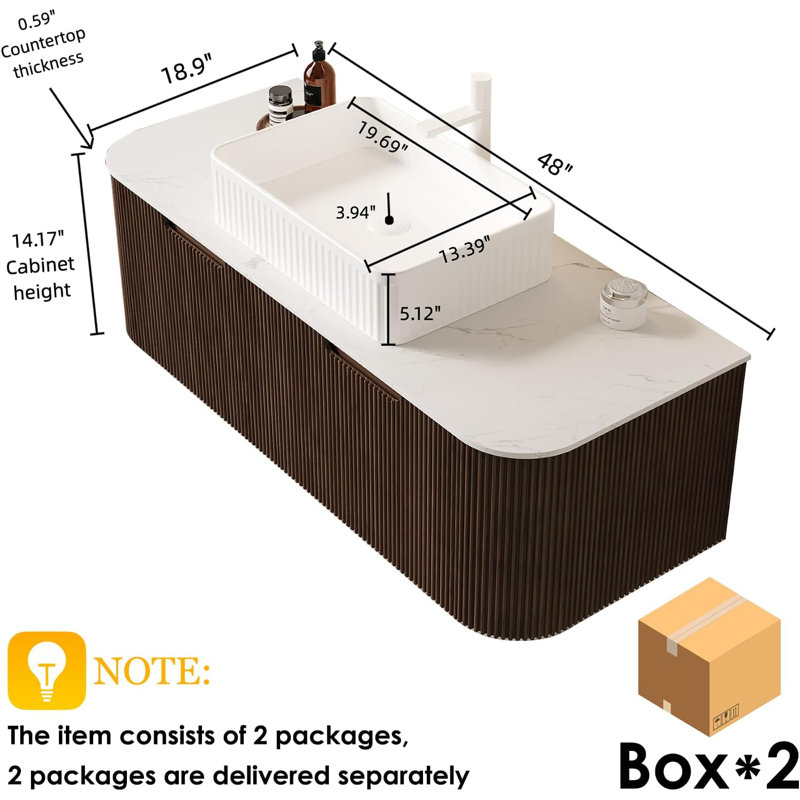 48" Bathroom Vanity with Sink, 2 Large Storage Drawer, Ceramic Basins with Marble Top, Pre-Assembled, Walnut