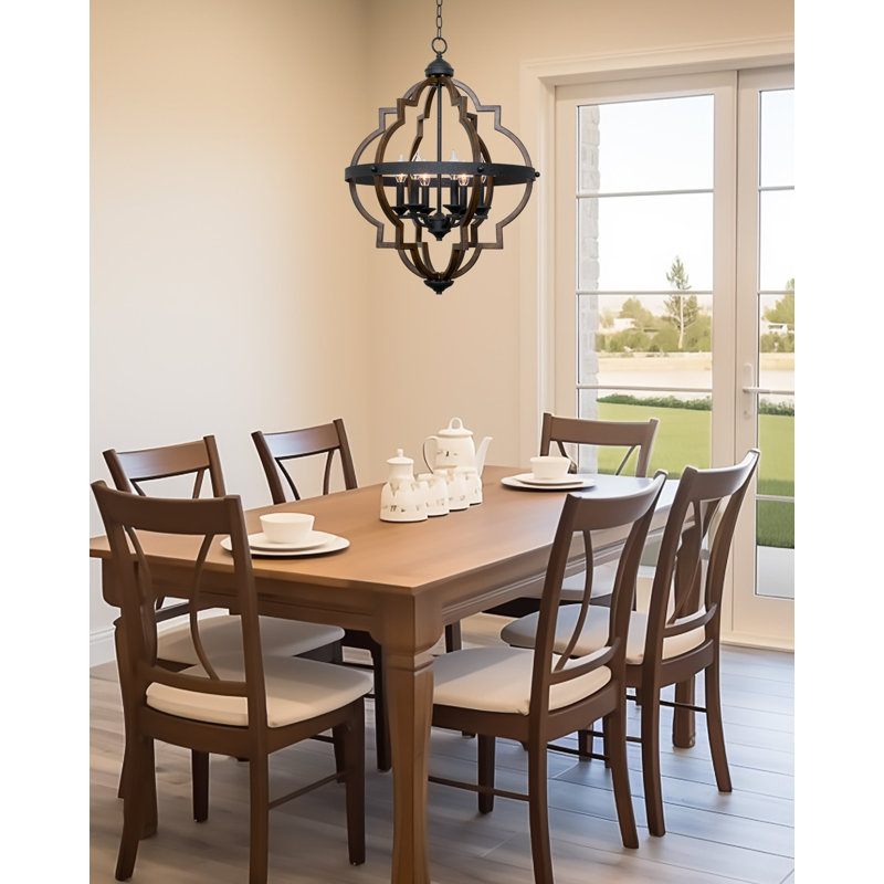 Estefanita 6 - Light Dimmable Geometric Chandelier, Textured Black Accents/Walnut Style Finish