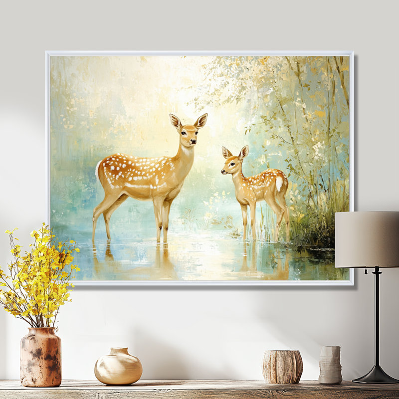 Deer Family By The River - Deer Wall Décor, 24" H x 32" W, Floater Framed Print, White