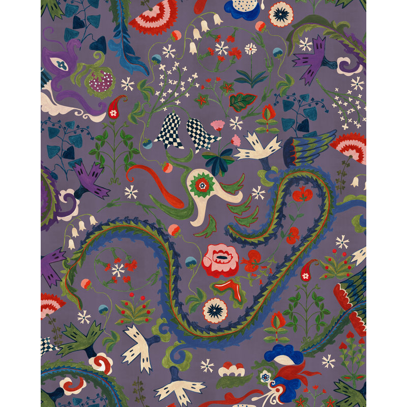 DRAGON FLOWER Gloden Brown Wallpaper, Purple/Green/Red/Blue