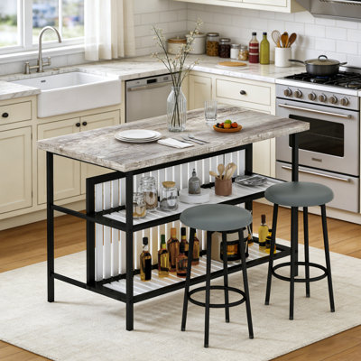 Kitchen Island With Seating & Storage Shelves, Wood Grain Counter Height Table With 2 Sar Stools For Kitchen, Modern 3 Piece Bar Table And Chairs Set