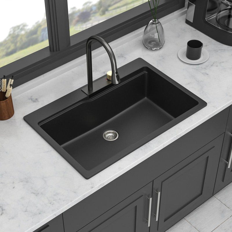 Évier de cuisine encastré en quartz noir 33 po x 22 po, concept de poste de travail et robinet escamotable, cascade simple en composite de quartz incandescent 33 po x 22 po, polyvalent