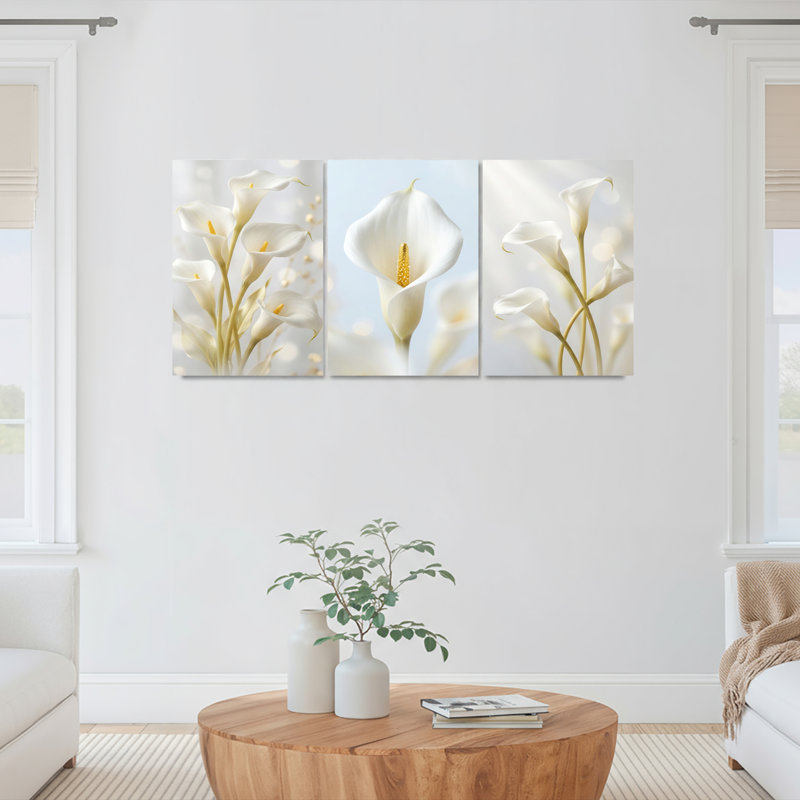Ensemble de 3 tableaux muraux sur toile tendue, motif floral de callas blanches, pour salon, chambre et décoration intérieure.