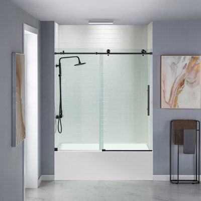 Porte de baignoire coulissante simple sans cadre de 56 à 60 po x H 62 po avec verre trempé transparent de 3/8 po (10 mm)