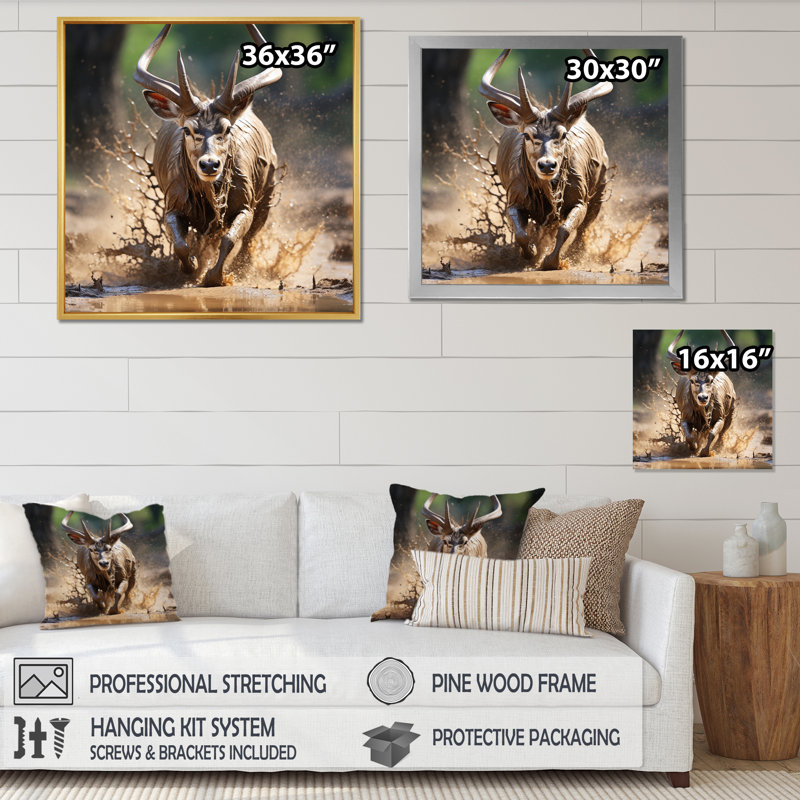 Grand koudou africain qui court sur toile, Cadre naturel flottant, H 36 po x l 36 po x P 1,5 po
