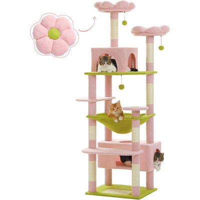 Road Flower Cat Tree, 72 Inches Large Cat Tower With Steel Frame Hammock And 7 Scratching Posts, Tall Cat Tree With 2 Condos And Perches For Large Indoor Cats - Pink