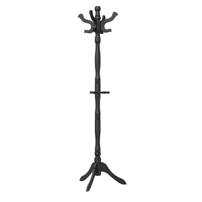 Porte-manteau en bois massif, support à chapeaux autoportant avec 9 crochets, 52 x 45 x 180 cm, noir