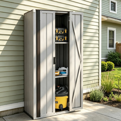 Metal Outdoor Storage Cabinet with Adjustable Shelves, Vertical Tall Outdoor Storage Sheds with Lockable Doors for Patio and Garden