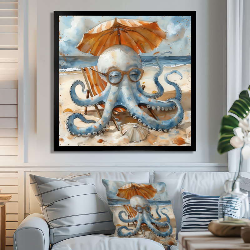 Pieuvre sur la plage à Hawaï II - pieuvre, décoration murale, Toile encadrée noire simple, H 16 po x l 16 po x P 1 po