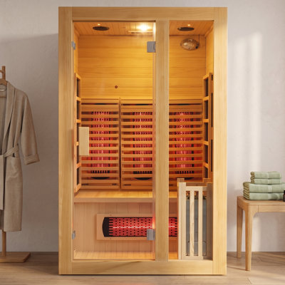 2 Person Full Spectrum Infrared & Traditional Steam Hybrid Indoor Sauna, Canadian Hemlock, 195°F Steam+149°F Far Infrared, 3.5KW Stove, 6 IR Heater, Oxygen Bar, Bucket, Scoop, Curved Backrest, 220V