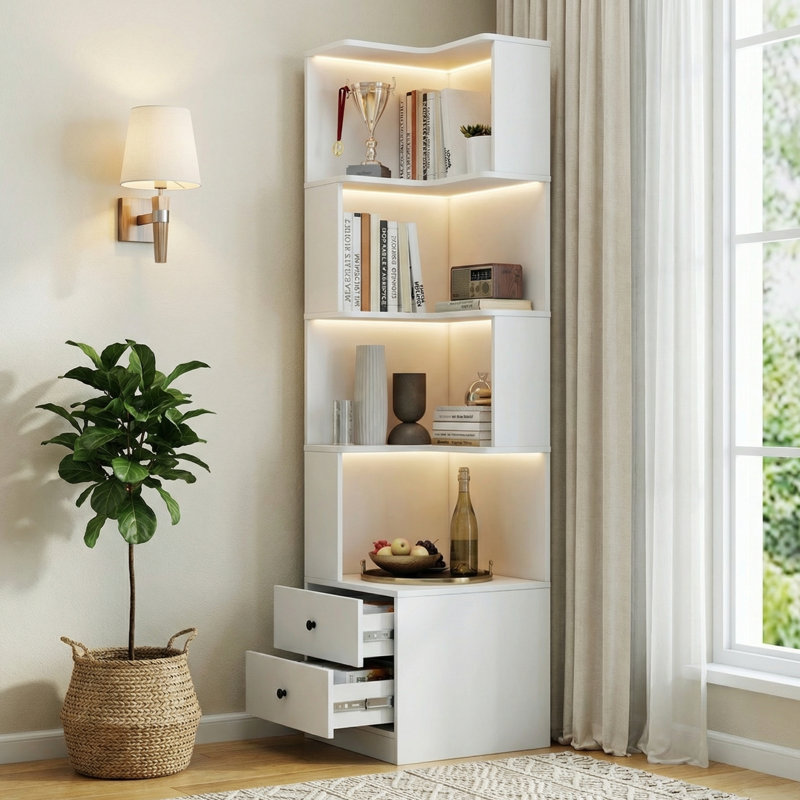 69" H Narrow Bookcase, 4-Tier L Shaped Corner Bookcase with 16-Color LED Lights & Storage Drawer – Entryway, Living Room (White)