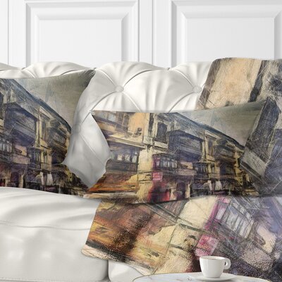 Cityscape Old City Street Watercolor Painting Lumbar Pillow -  Design Art, CU13889-12-20